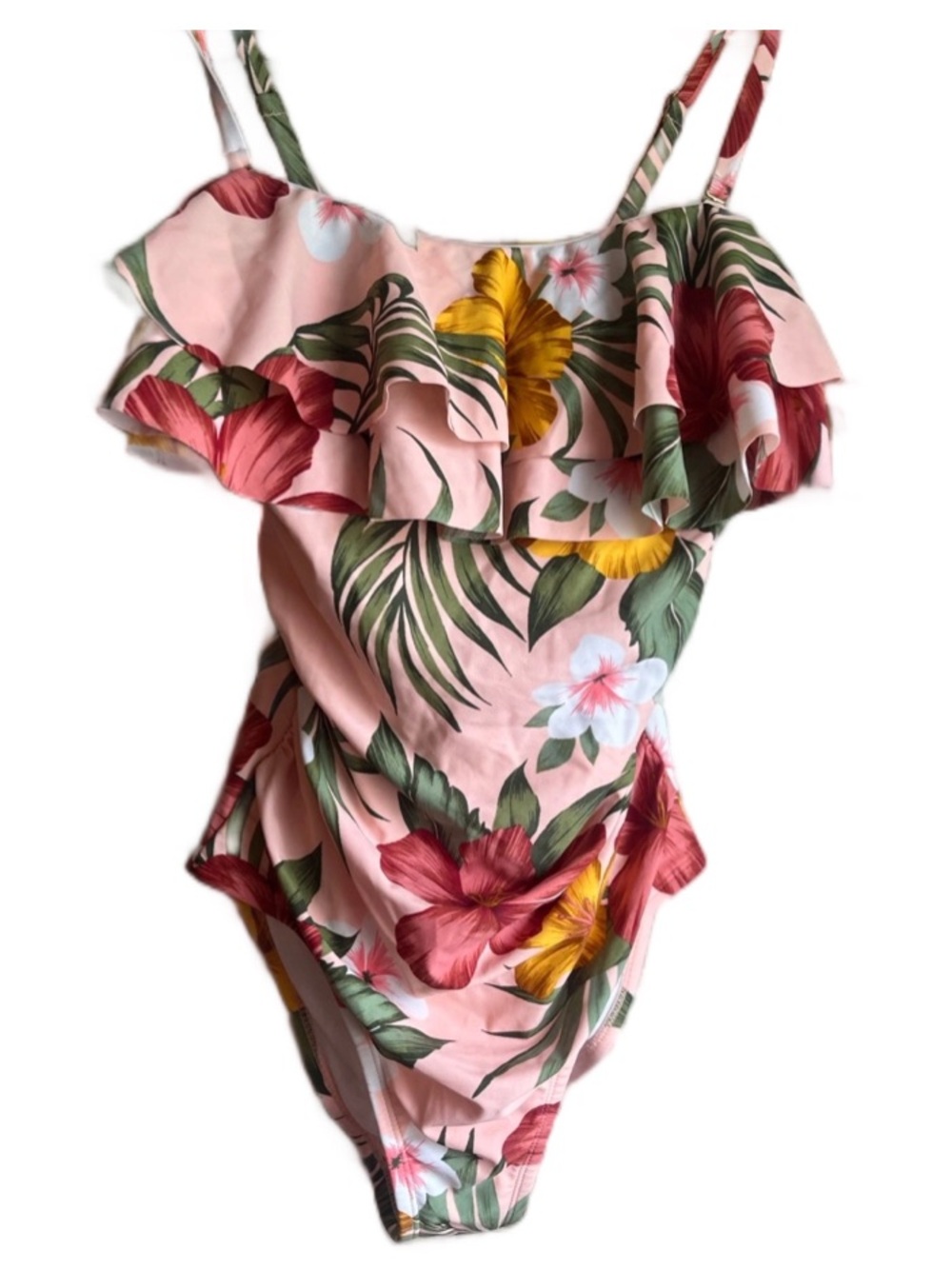 Pink Tropical Floral Ruffle One-Piece Swimsuit